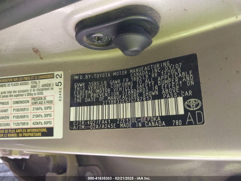 2007 Toyota Corolla Ce VIN: 2T1BR32E57C787813 Lot: 41635303