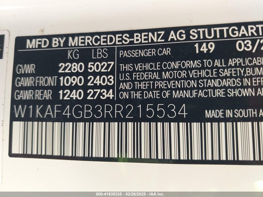2024 MERCEDES-BENZ C 300 VIN: W1KAF4GB3RR215534