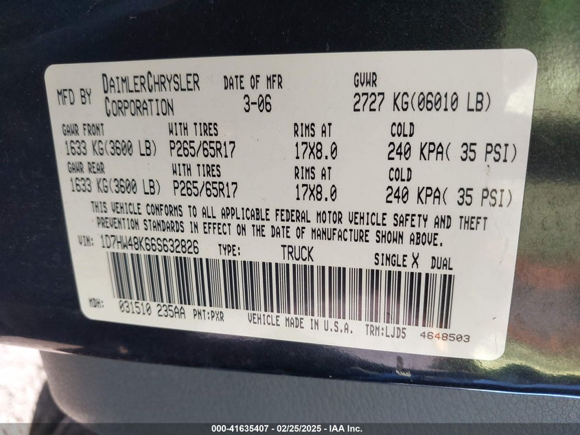 2006 DODGE DAKOTA VIN: 1D7HW48K66S632826