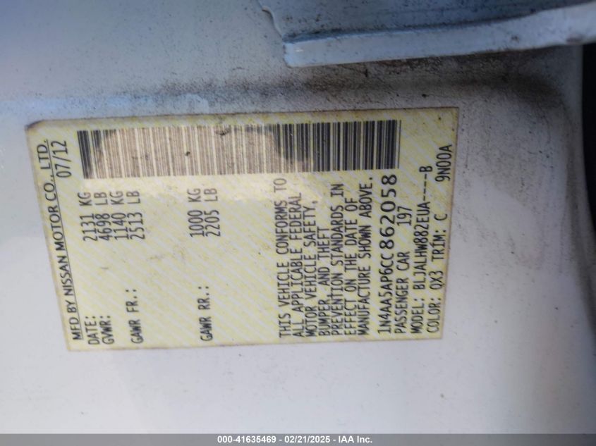 2012 Nissan Maxima 3.5 Sv VIN: 1N4AA5AP6CC862058 Lot: 41635469