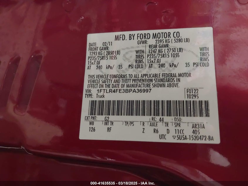 2011 FORD RANGER VIN: 1FTLR4FE3BPA36997