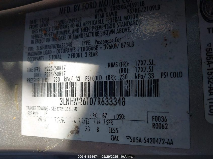 2007 Lincoln Mkz VIN: 3LNHM26T07R633348 Lot: 41635671