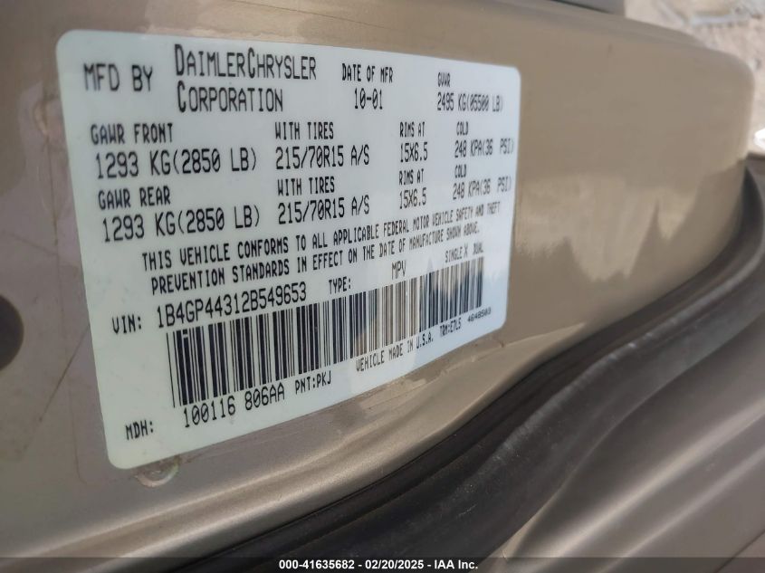 2002 Dodge Grand Caravan Sport VIN: 1B4GP44312B549653 Lot: 41635682