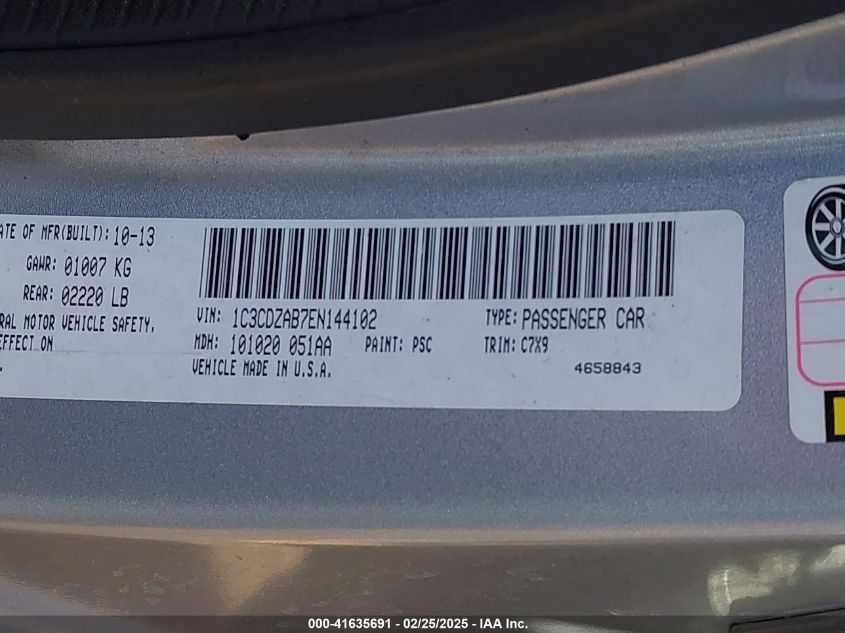 2014 Dodge Avenger Se VIN: 1C3CDZAB7EN144102 Lot: 41635691