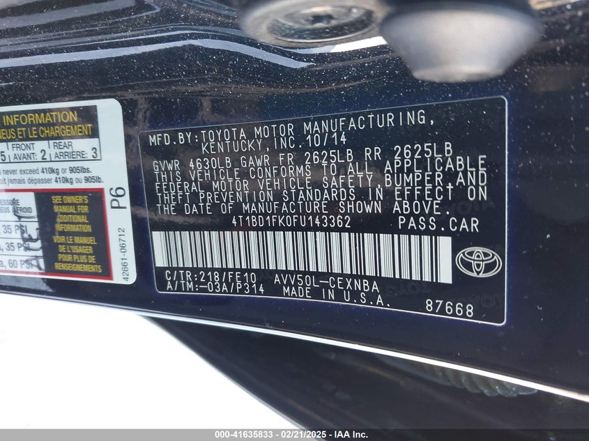 2015 TOYOTA CAMRY HYBRID VIN: 4T1BD1FK0FU143362