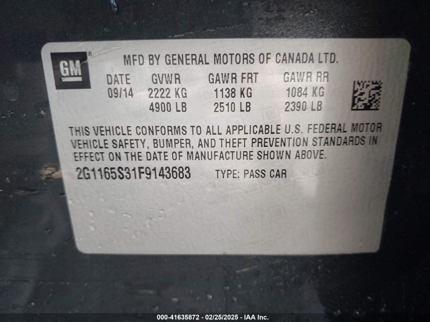 2015 Chevrolet Impala 2Lz VIN: 2G1165S31F9143683 Lot: 41635872