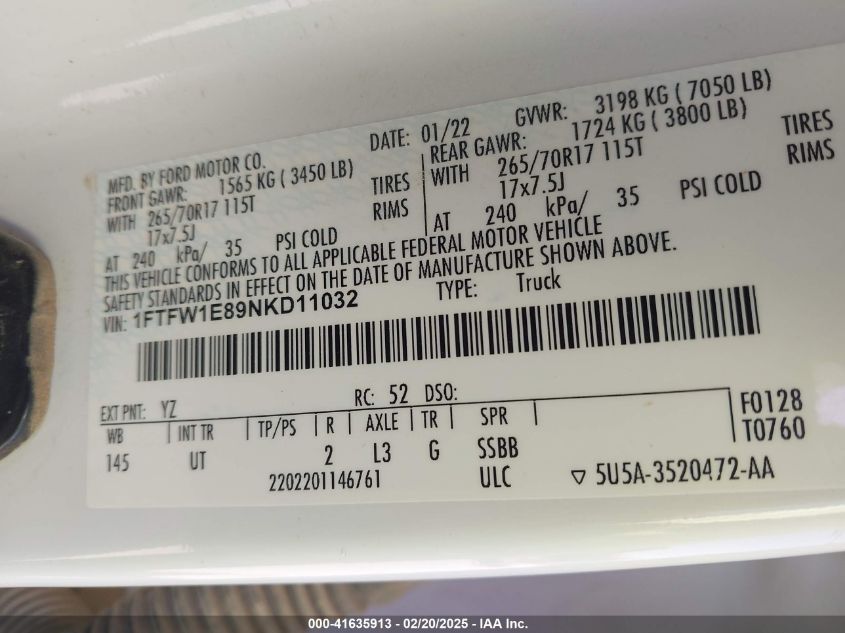 2022 Ford F-150 Xlt VIN: 1FTFW1E89NKD11032 Lot: 41635913