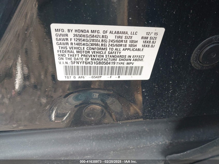 2016 HONDA PILOT EX - 5FNYF6H31GB050419