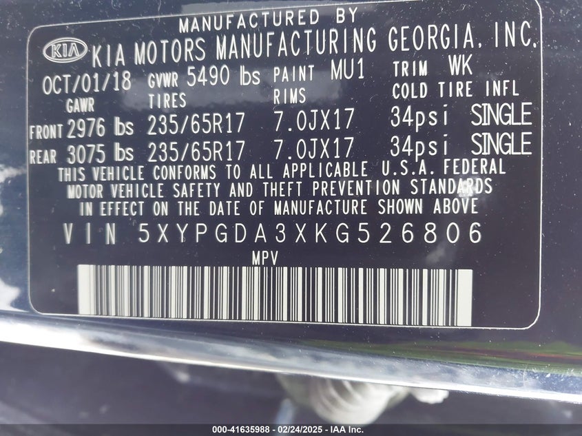 2019 Kia Sorento 2.4L Lx VIN: 5XYPGDA3XKG526806 Lot: 41635988