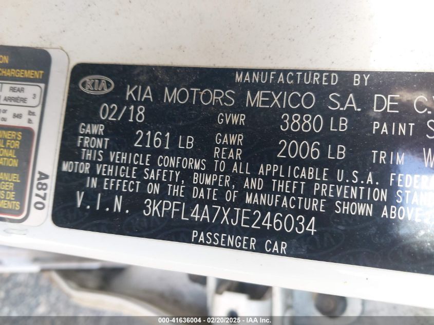2018 Kia Forte Lx VIN: 3KPFL4A7XJE246034 Lot: 41636004