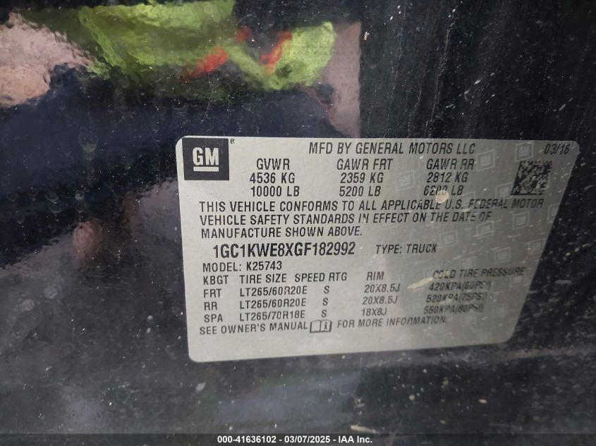 2016 Chevrolet Silverado 2500Hd Ltz VIN: 1GC1KWE8XGF182992 Lot: 41636102