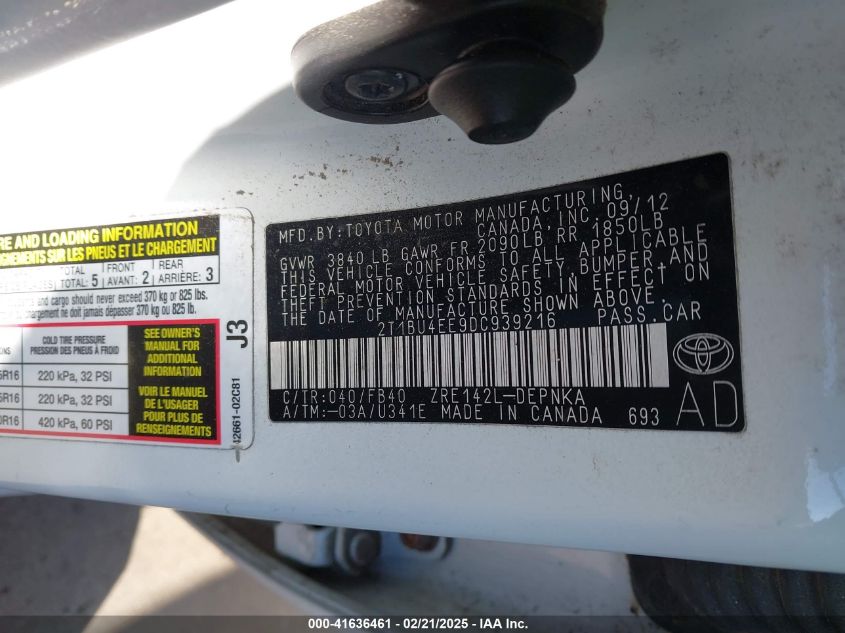 2013 Toyota Corolla Le VIN: 2T1BU4EE9DC939216 Lot: 41636461