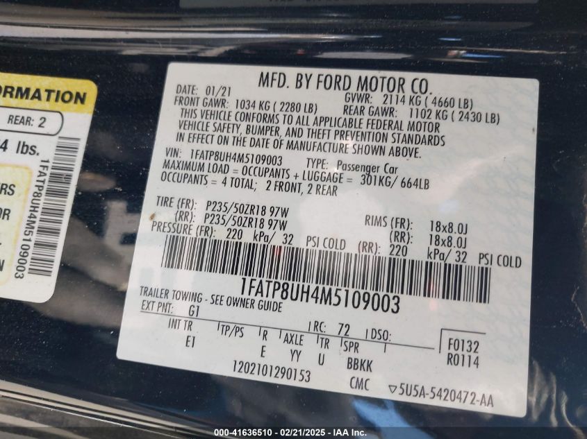 2021 Ford Mustang Ecoboost Premium VIN: 1FATP8UH4M5109003 Lot: 41636510