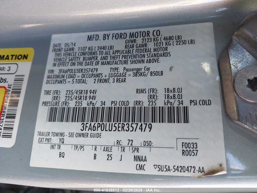 2014 FORD FUSION HYBRID VIN: 3FA6P0LU5ER357479