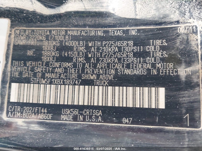 2011 TOYOTA TUNDRA VIN: 5TFUW5F1XBX189747