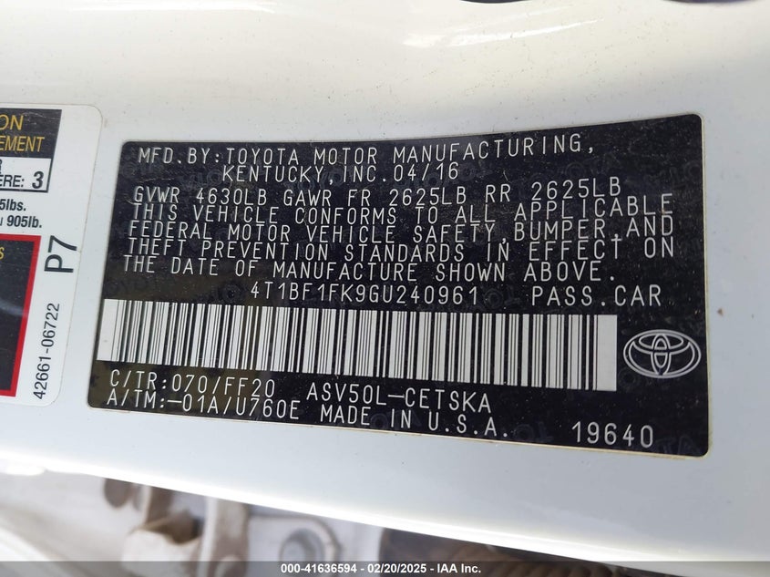 2016 TOYOTA CAMRY VIN: 4T1BF1FK9GU240961