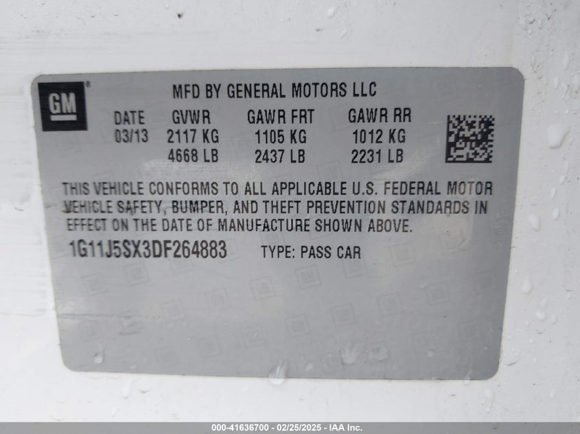 2013 CHEVROLET MALIBU VIN: 1G11J5SX3DF264883