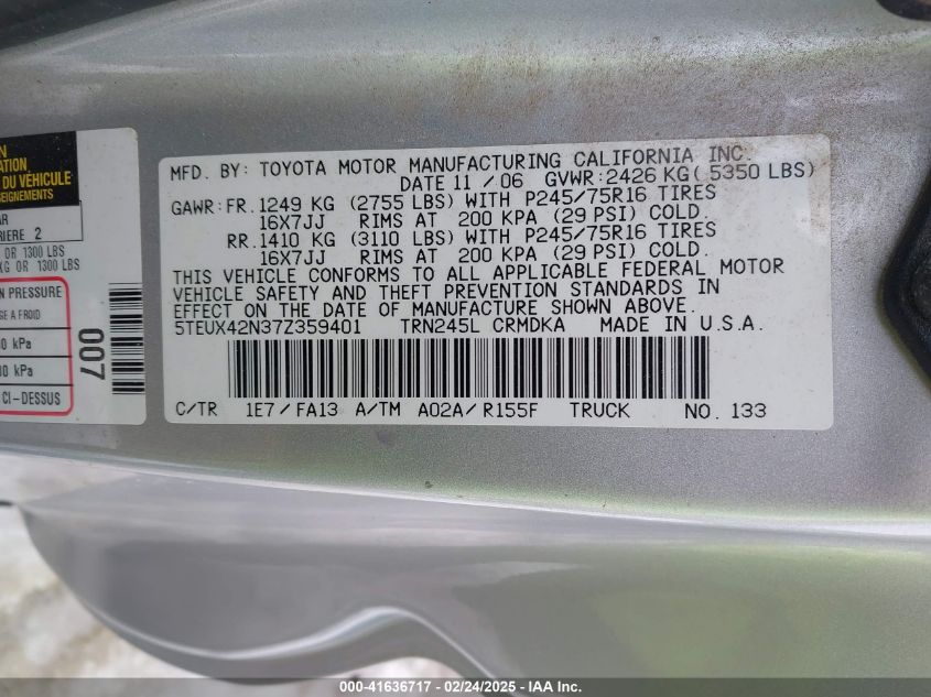 2007 Toyota Tacoma VIN: 5TEUX42N37Z359401 Lot: 41636717