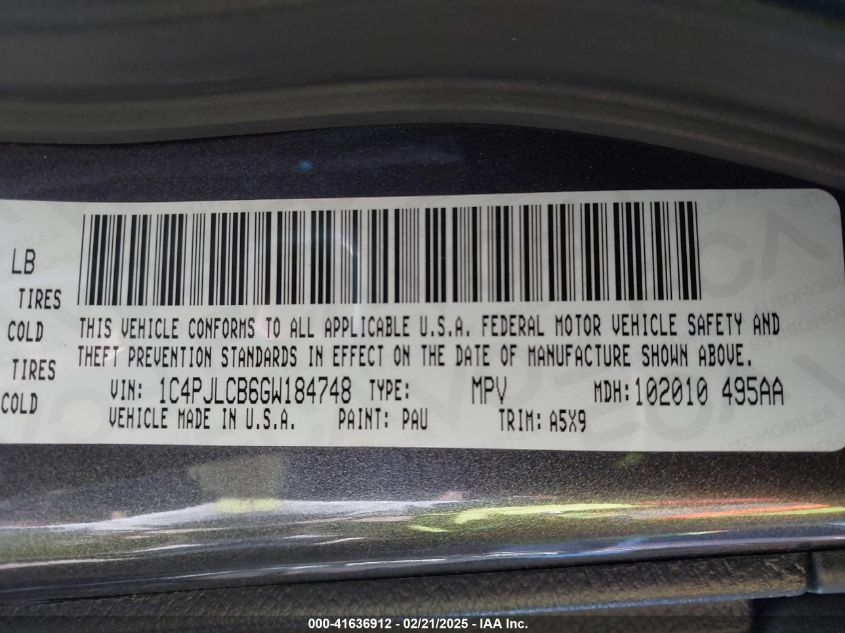 2016 Jeep Cherokee Latitude VIN: 1C4PJLCB6GW184748 Lot: 41636912