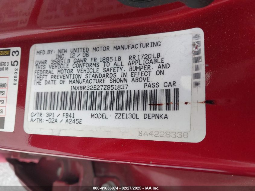 2007 Toyota Corolla Le VIN: 1NXBR32E27Z851837 Lot: 41636974