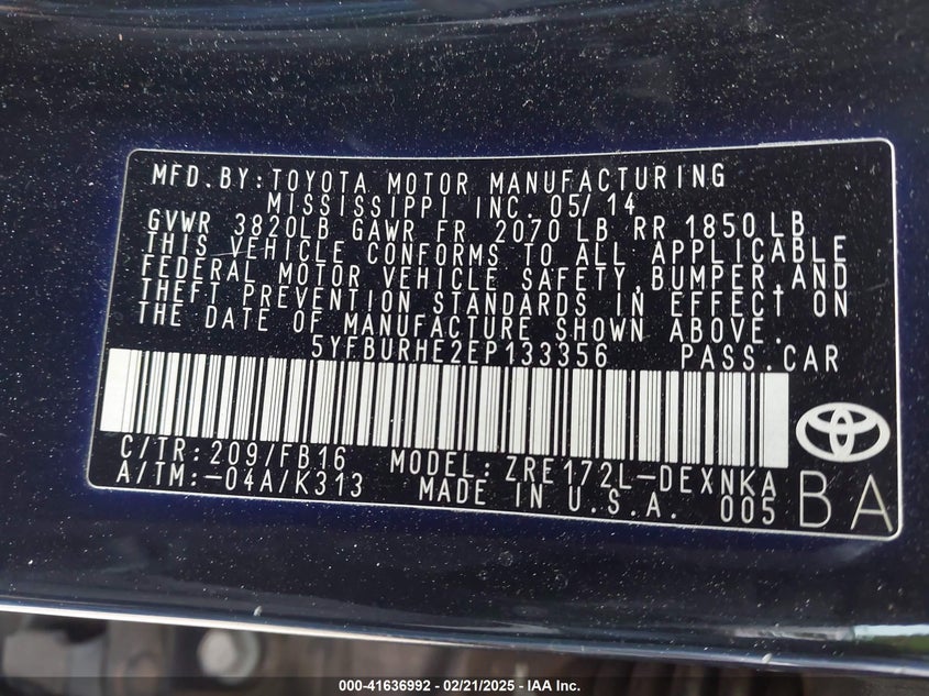 2014 TOYOTA COROLLA VIN: 5YFBURHE2EP133356