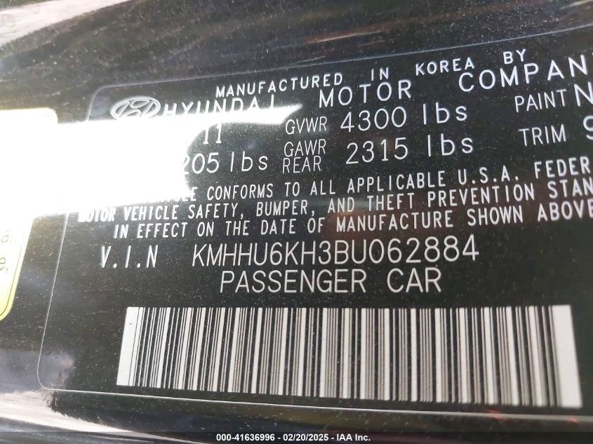 2011 Hyundai Genesis 3.8 Grand Touring VIN: KMHHU6KH3BU062884 Lot: 41636996