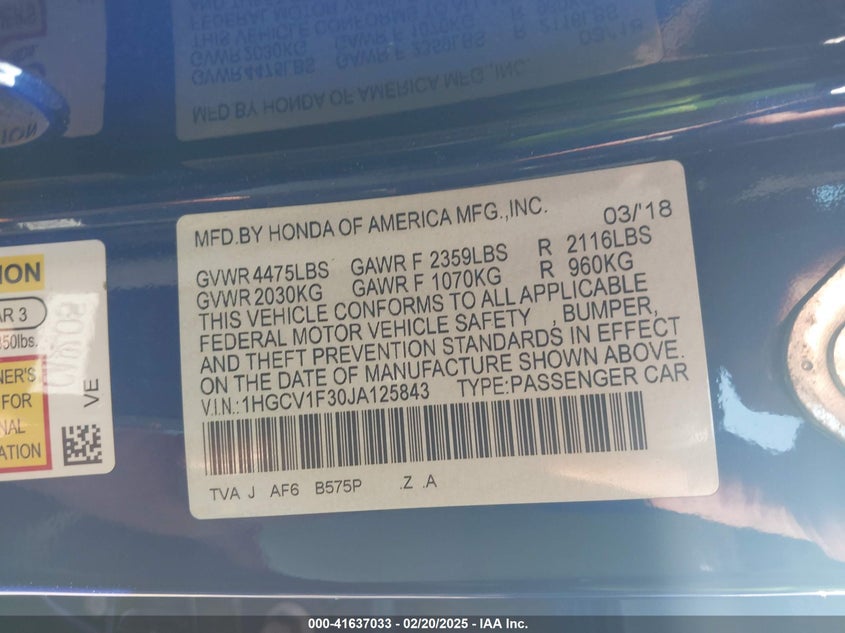 2018 HONDA ACCORD VIN: 1HGCV1F30JA125843
