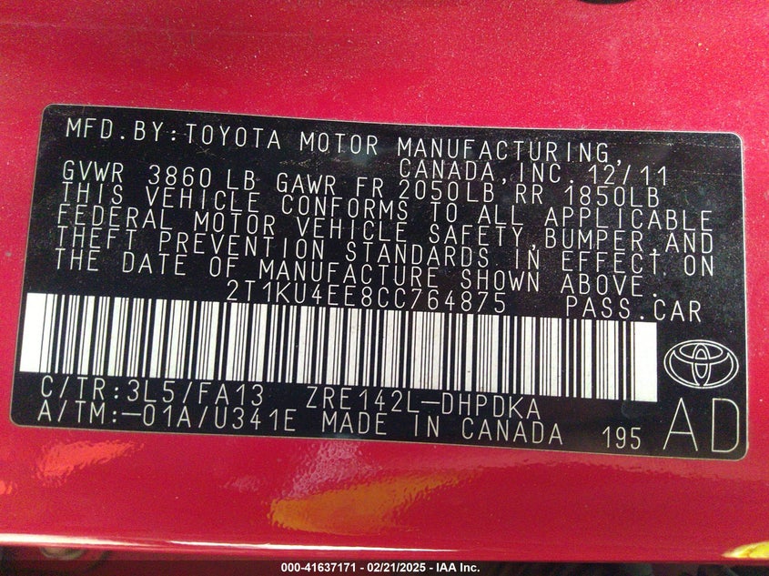 2012 TOYOTA MATRIX VIN: 2T1KU4EE8CC764875