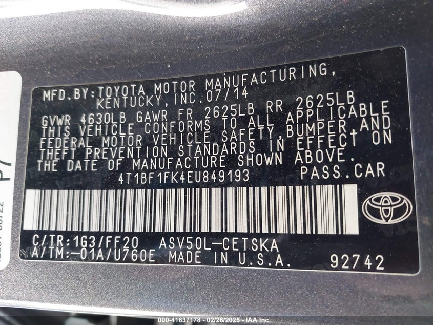 2014 TOYOTA CAMRY VIN: 4T1BF1FK4EU849193
