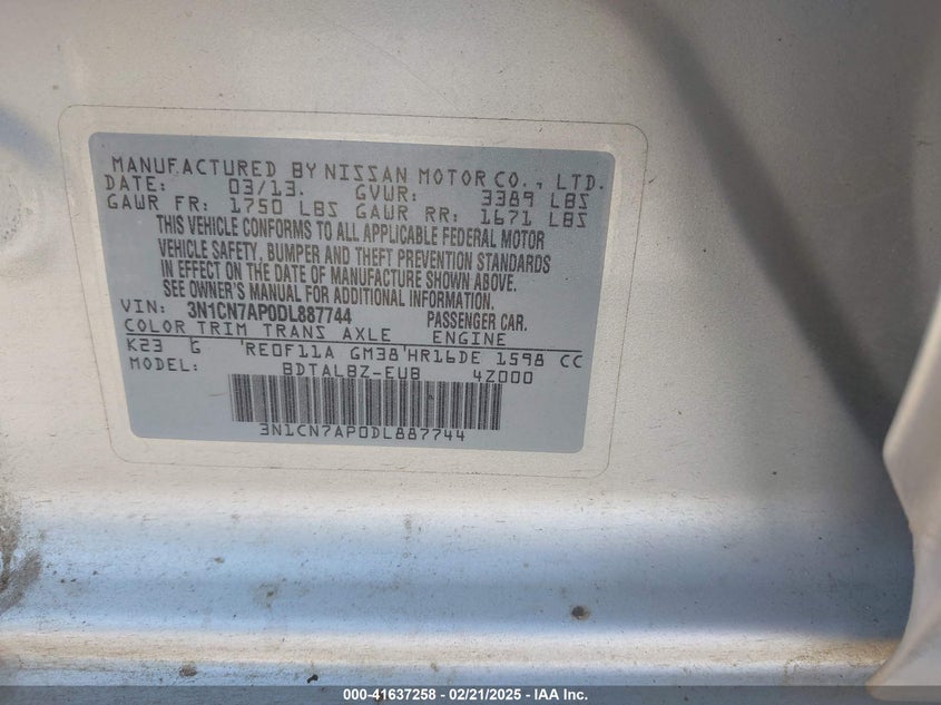 2013 NISSAN VERSA VIN: 3N1CN7AP0DL887744