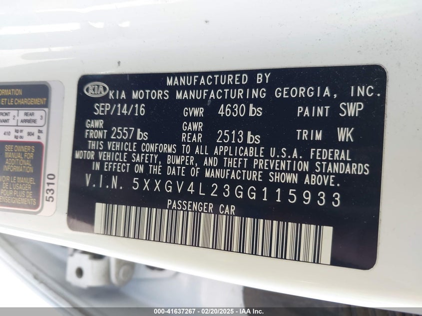 2016 KIA OPTIMA VIN: 5XXGV4L23GG115933