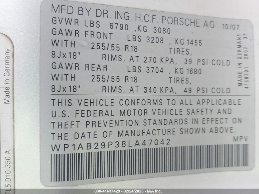2008 Porsche Cayenne S VIN: WP1AB29P38LA47042 Lot: 41637429