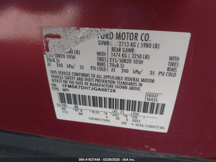 2018 FORD EXPLORER VIN: 1FM5K7DH7JGA68728