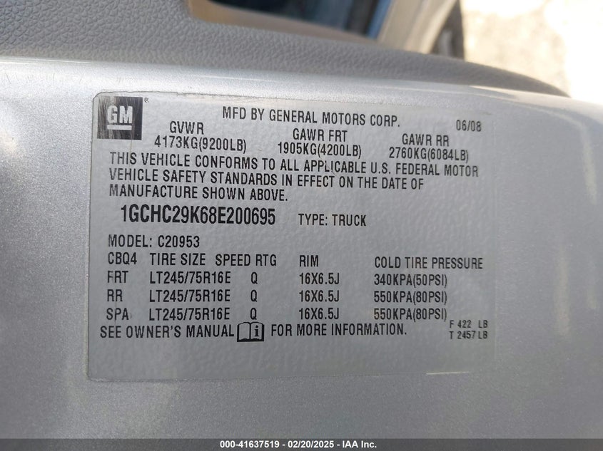 2008 CHEVROLET SILVERADO VIN: 1GCHC29K68E200695