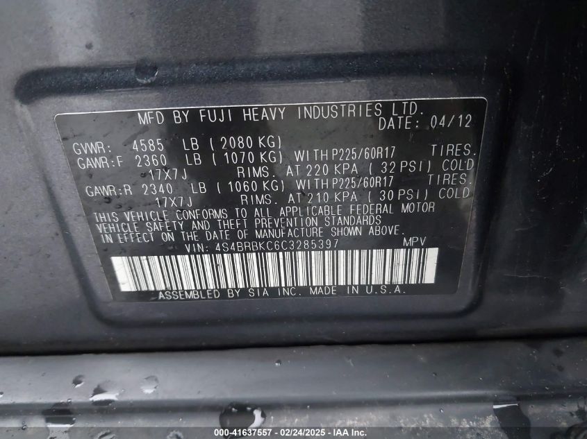 2012 Subaru Outback 2.5I Limited VIN: 4S4BRBKC6C3285397 Lot: 41637557