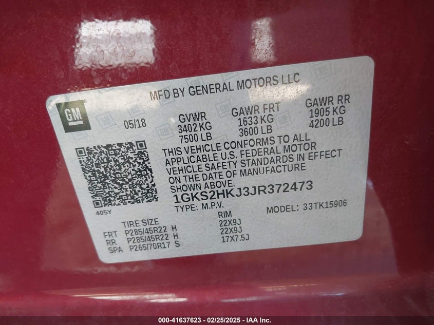 2018 GMC YUKON XL VIN: 1GKS2HKJ3JR372473