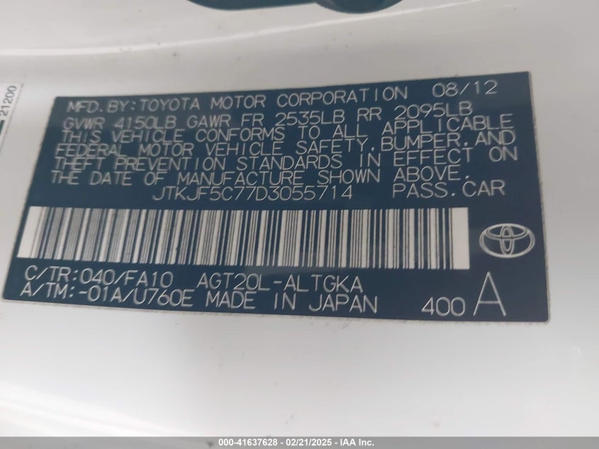 2013 TOYOTA SCION TC VIN: JTKJF5C77D3055714