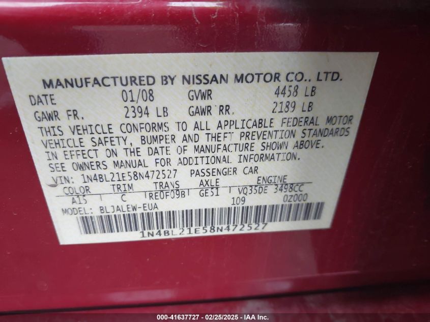 2008 Nissan Altima 3.5 Sl VIN: 1N4BL21E58N472527 Lot: 41637727