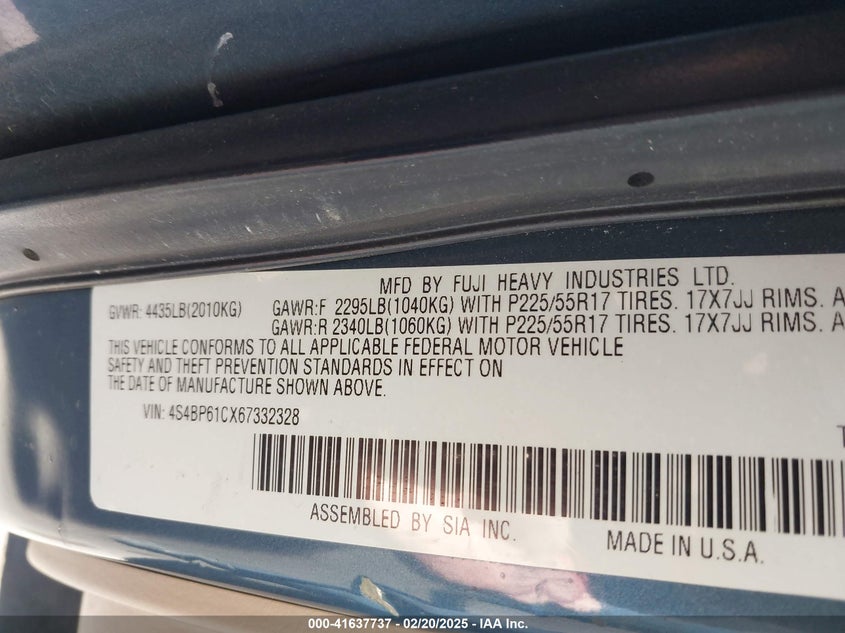 2006 Subaru Outback 2.5I VIN: 4S4BP61CX67332328 Lot: 41637737