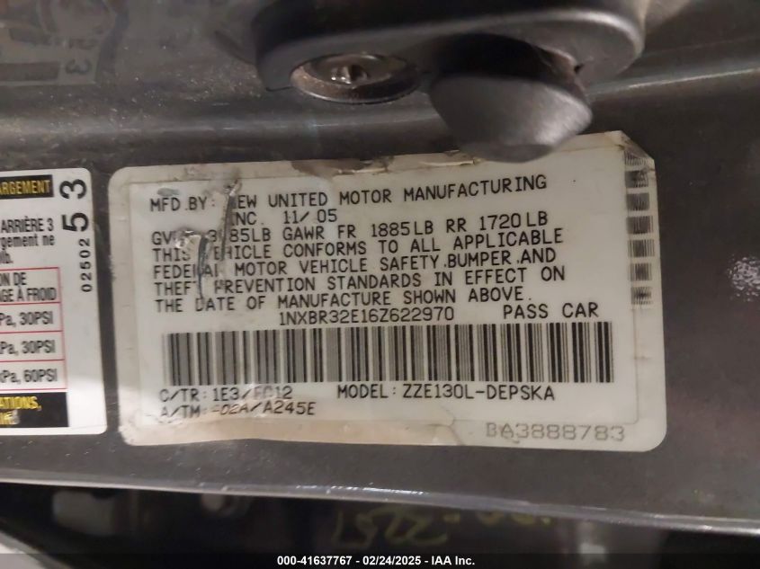 2006 Toyota Corolla VIN: 1NXVR32E16Z622970 Lot: 41637767