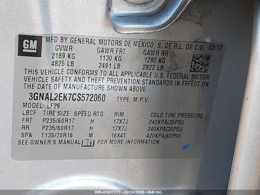 2012 Chevrolet Captiva Sport 2Ls VIN: 3GNAL2EK7CS572060 Lot: 41637771