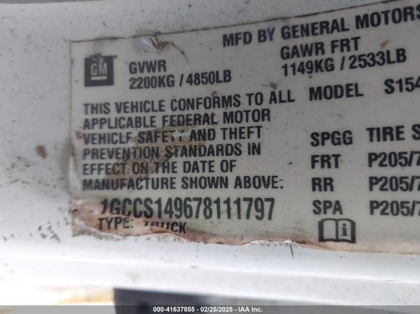 2007 Chevrolet Colorado Work Truck VIN: 1GCCS149678111797 Lot: 41637855