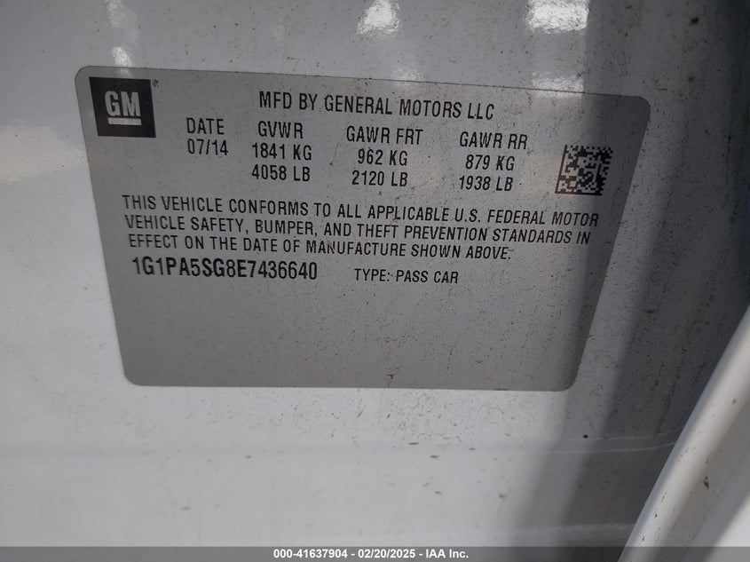 2014 CHEVROLET CRUZE VIN: 1G1PA5SG8E7436640