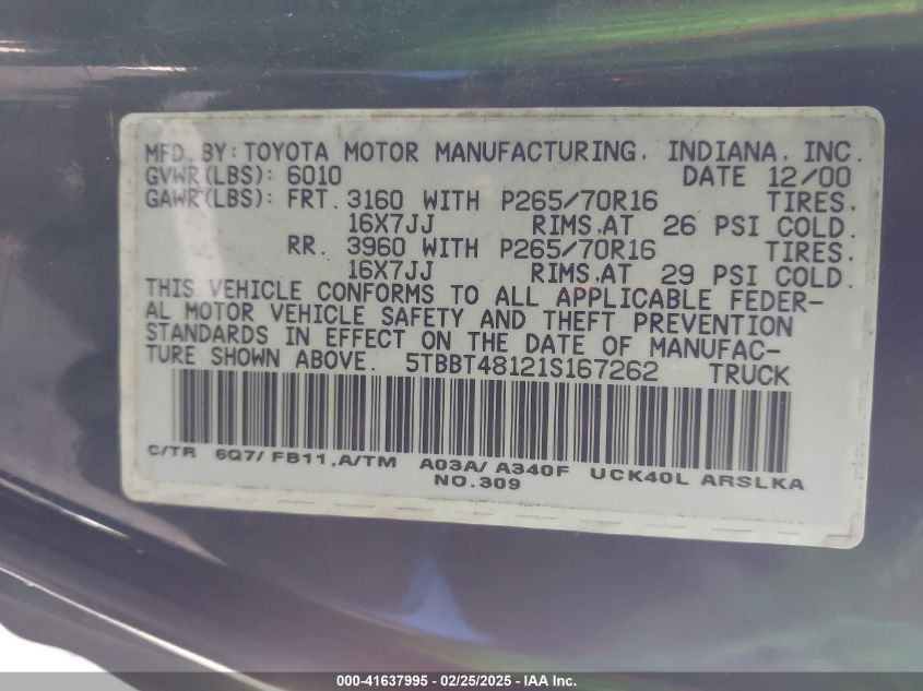 2001 Toyota Tundra Ltd V8 VIN: 5TBBT48121S167262 Lot: 41637995
