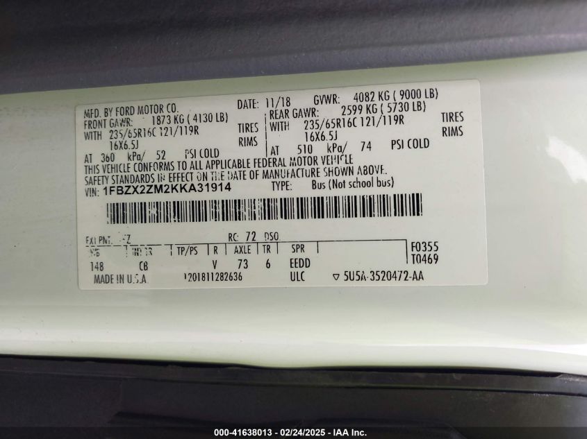 2019 Ford Transit-350 Xlt VIN: 1FBZX2ZM2KKA31914 Lot: 41638013