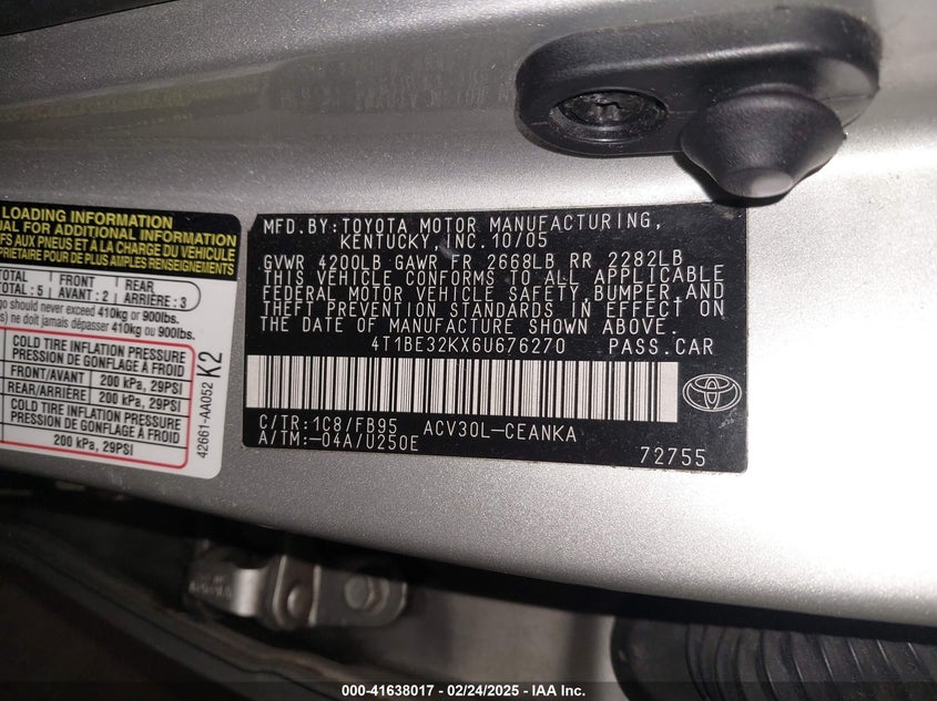 2006 TOYOTA CAMRY VIN: 4T1BE32KX6U676270