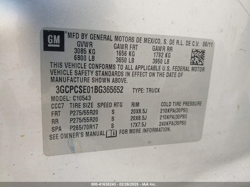 2011 Chevrolet Silverado 1500 Lt VIN: 3GCPCSE01BG365652 Lot: 41638243