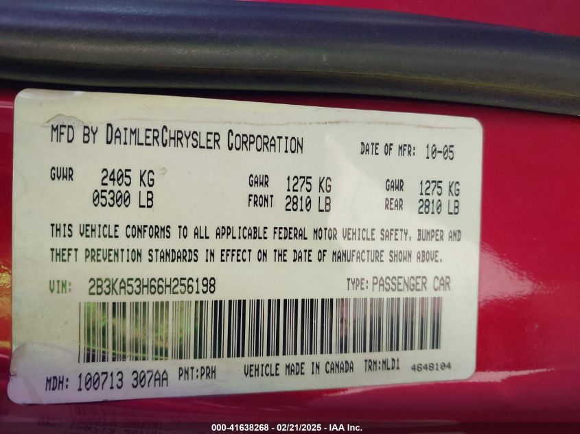 2006 Dodge Charger Rt VIN: 2B3KA53H66H256198 Lot: 41638268