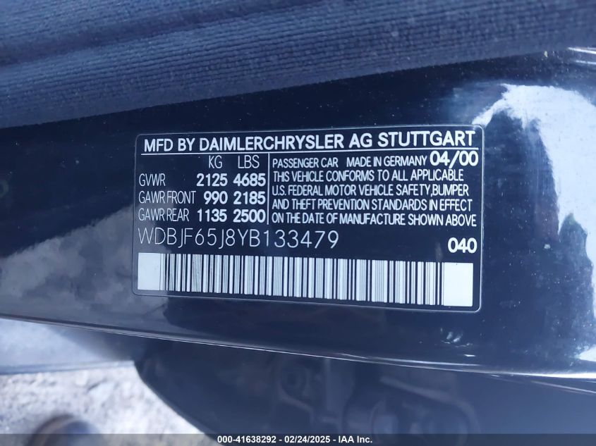 2000 Mercedes-Benz E 320 VIN: WDBJF65J8YB133479 Lot: 41638292