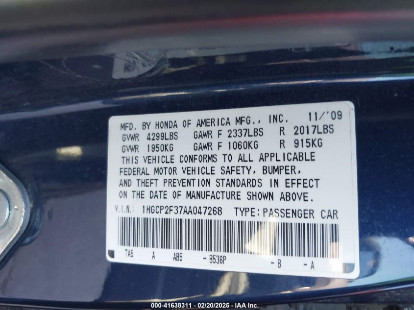 2010 Honda Accord 2.4 Lx VIN: 1HGCP2F37AA047268 Lot: 41638311